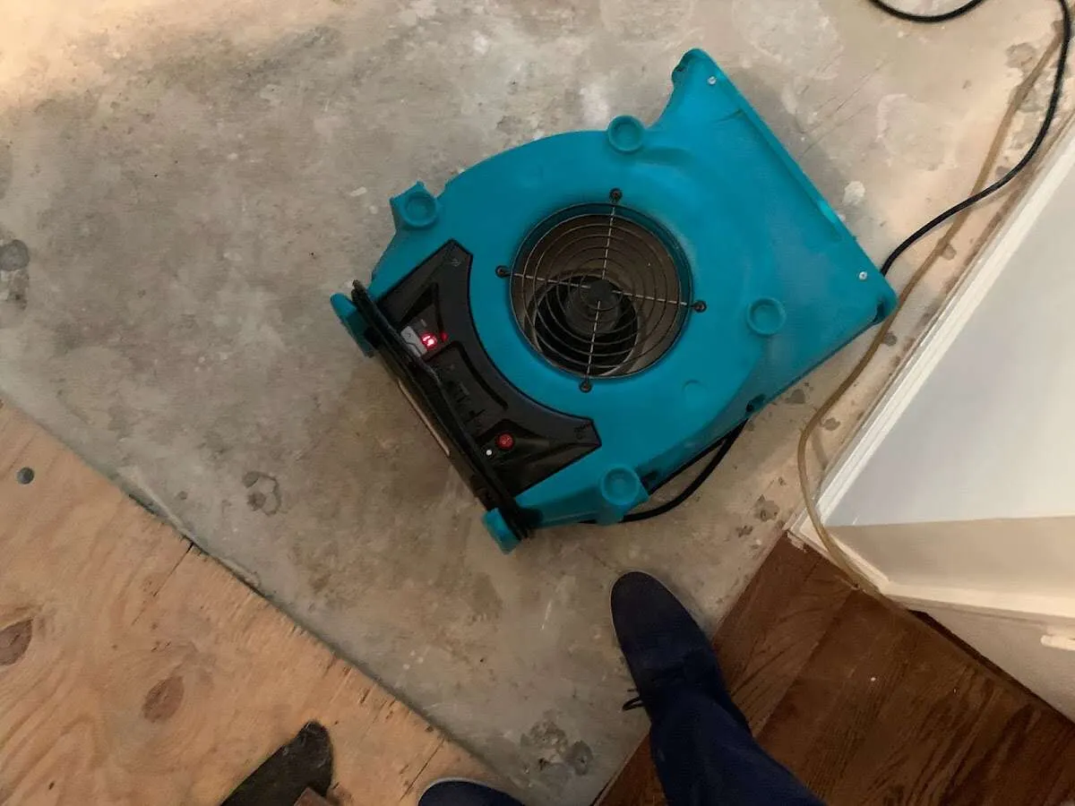 Air mover drying subfloor during Commercial Water Damage Restoration in Barnhart